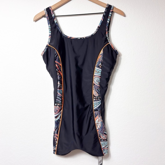 OCEAN BLUES ONE PIECE WOMEN SWIMSUIT BLACK LEAF PRINT SIZE XL BRAND NEW WITH TAG - Picture 1 of 5